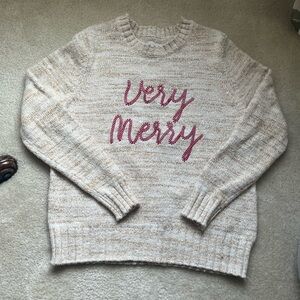 LOFT Beige Cozy Sweater with Very Merry Red Script Size L